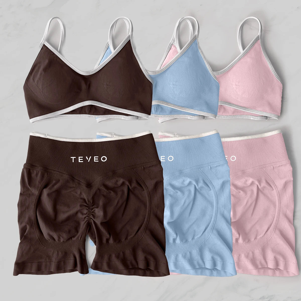 TEVEO Women’s 2-Piece Fitness Set – Seamless Sports Bra & Scrunch Shorts