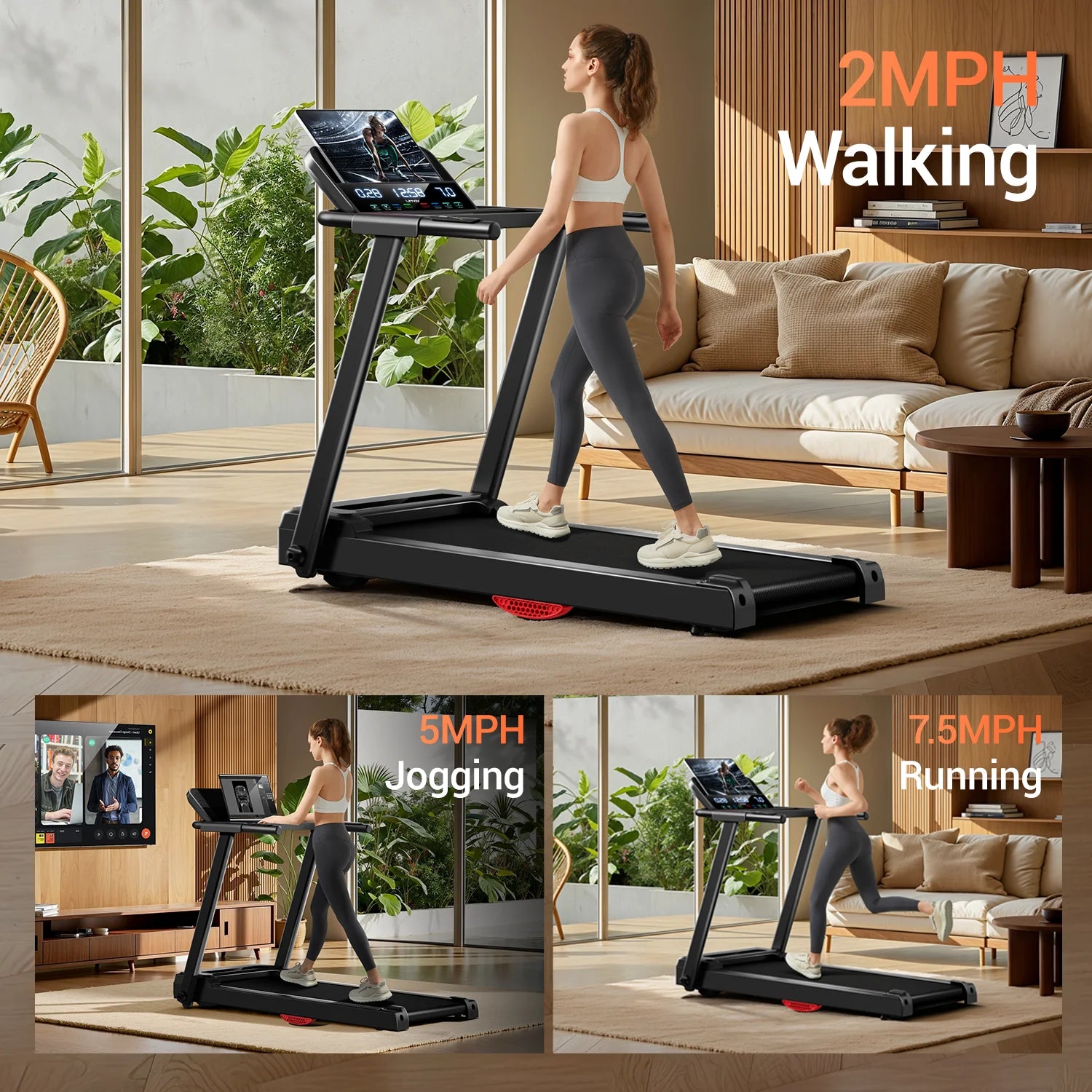 3.0HP Brushless Foldable Treadmill – 300LB Capacity with HR Monitor